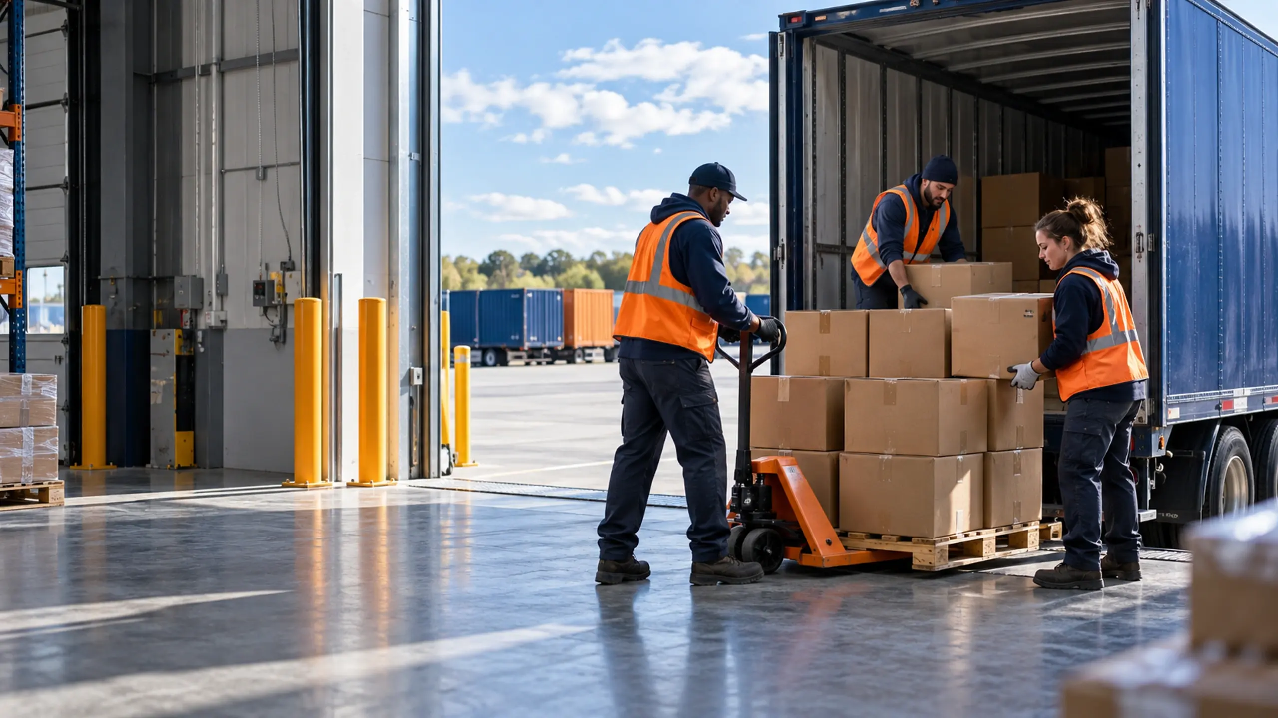 Warehouse crew loading cartons at a dock door