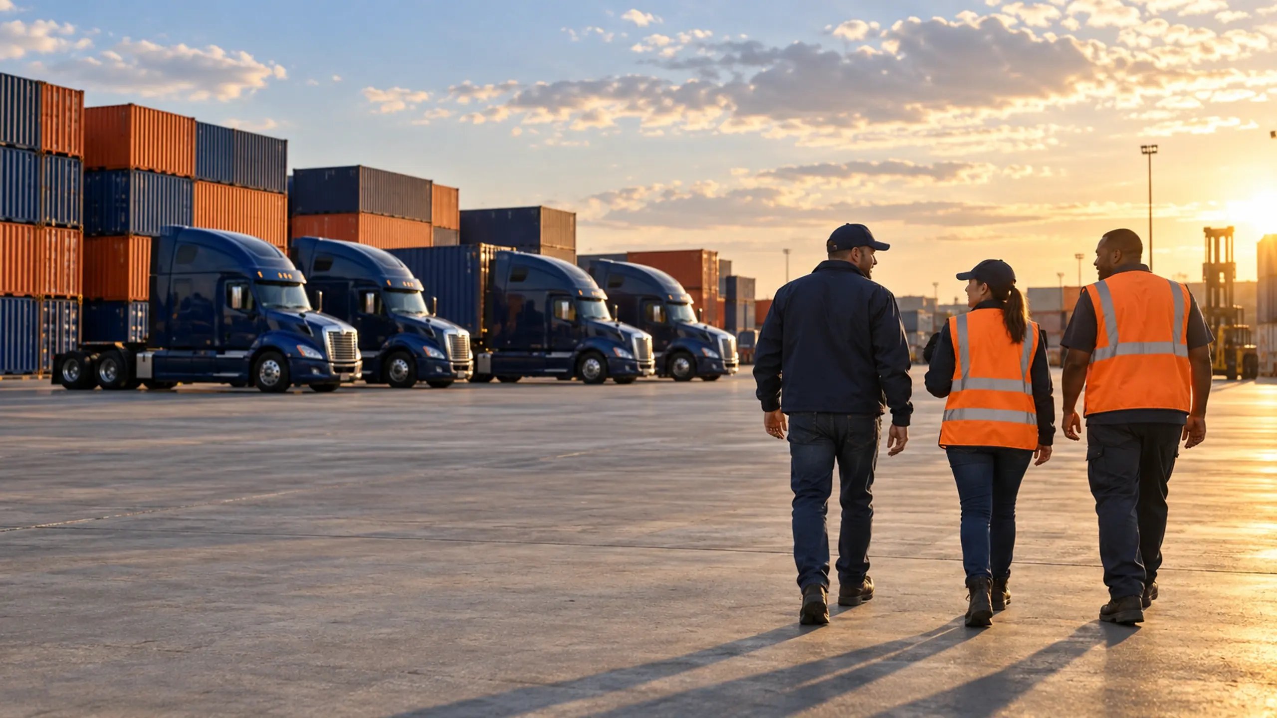Indray driver and dispatch team walking across a truck yard at golden hour