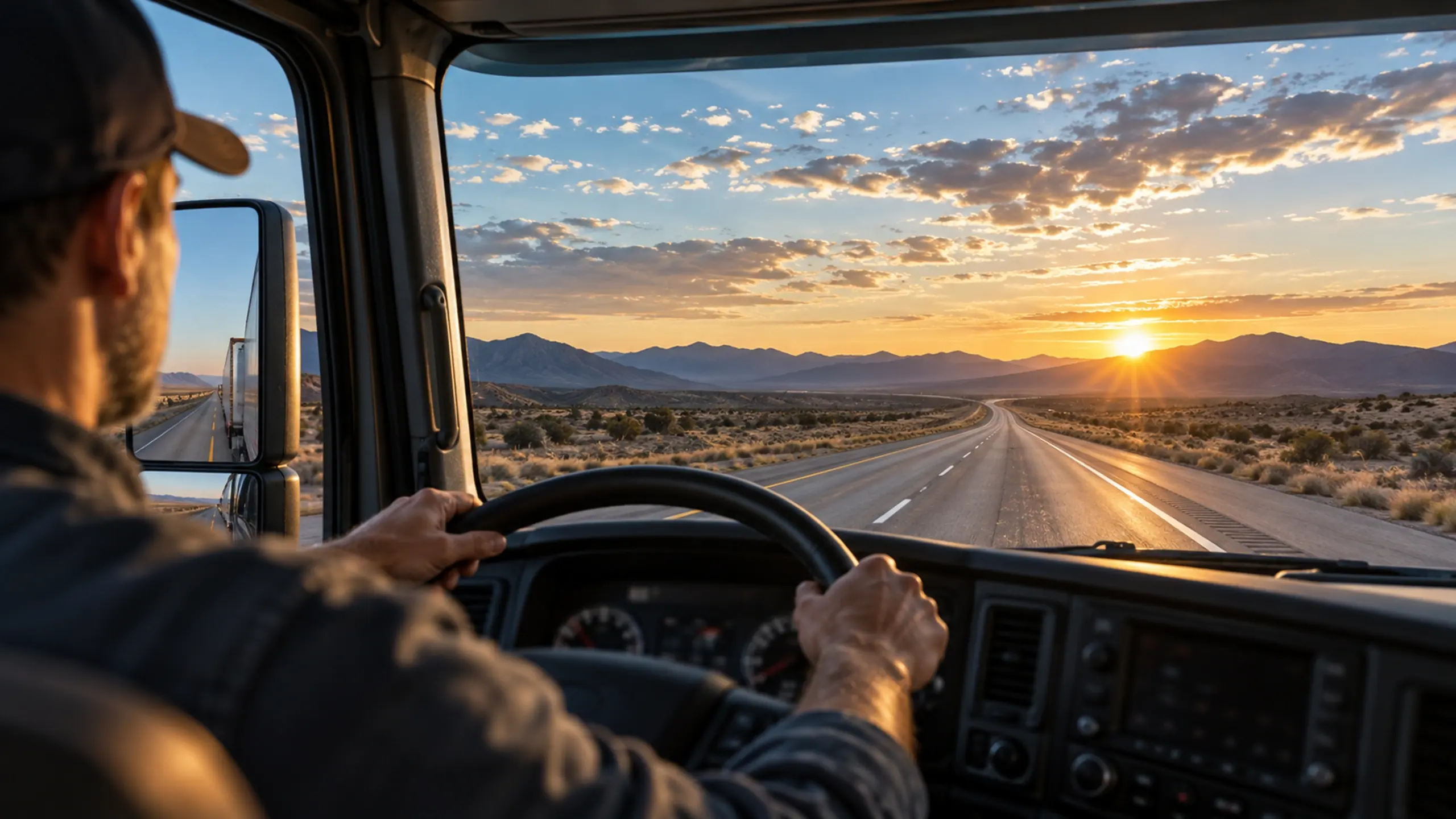 Driver's hands on the steering wheel, highway ahead at sunrise