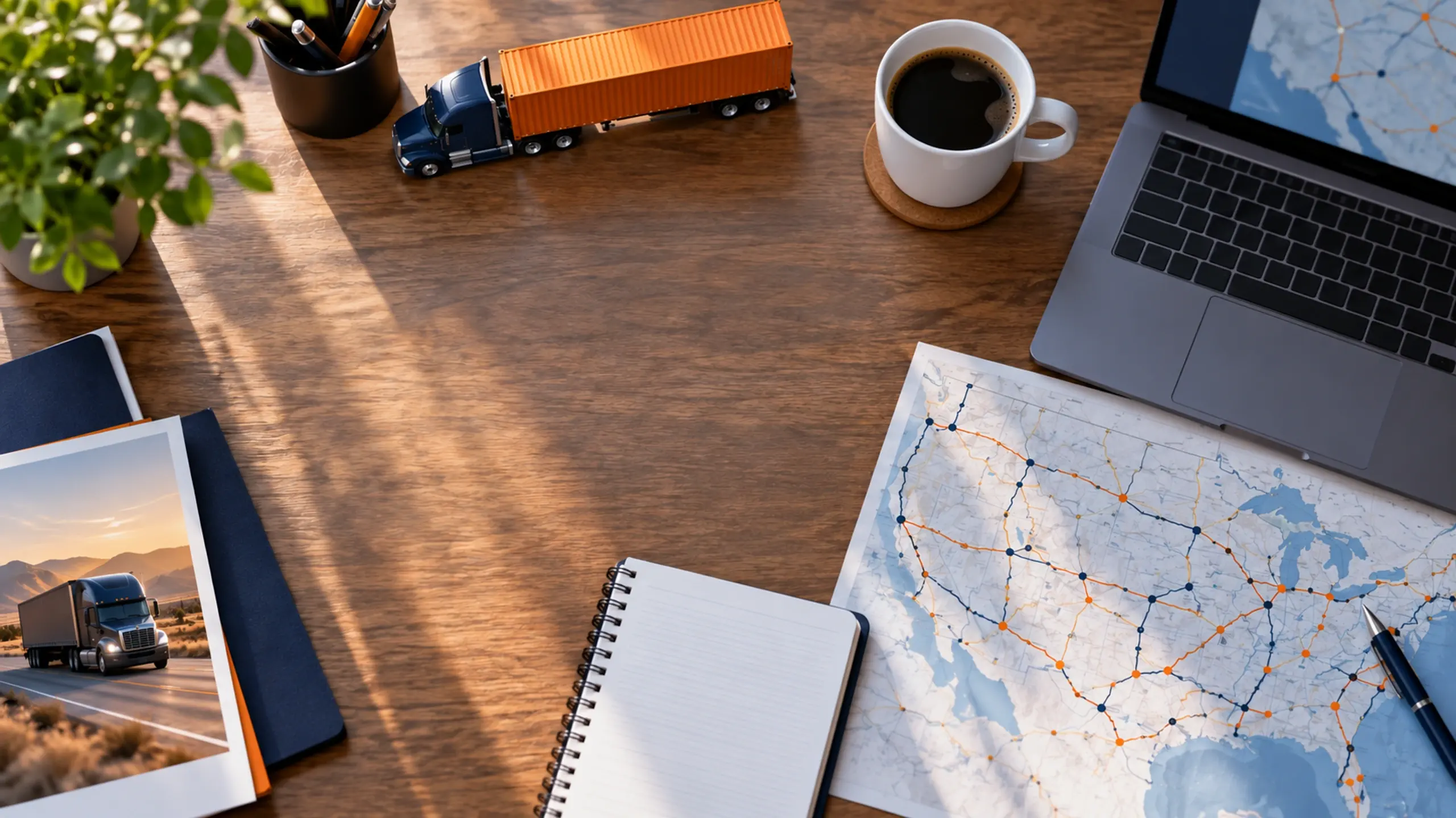 Logistics planner's desk with a route map, laptop and model truck