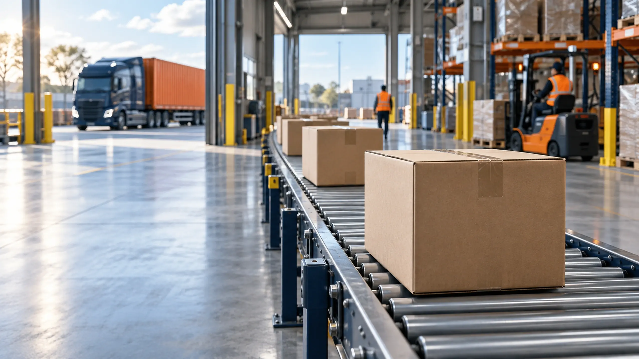 Cartons moving along a warehouse conveyor