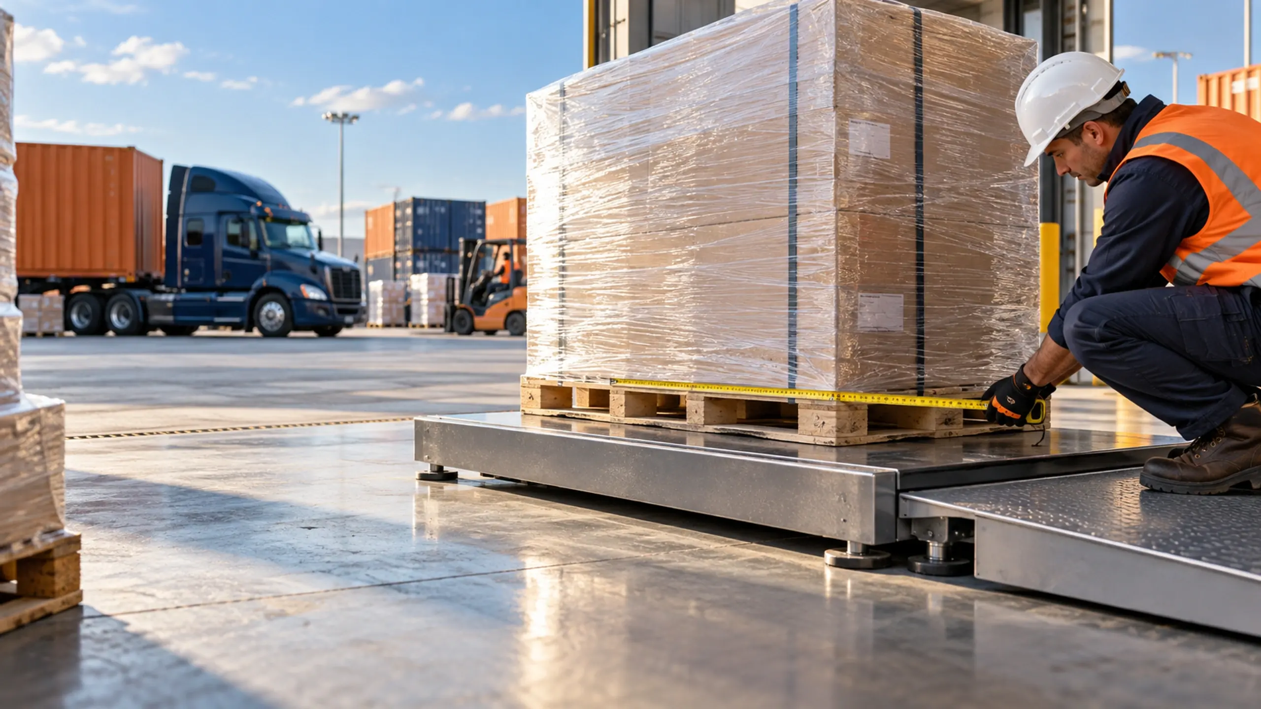 Pallet on a floor scale being measured for freight class