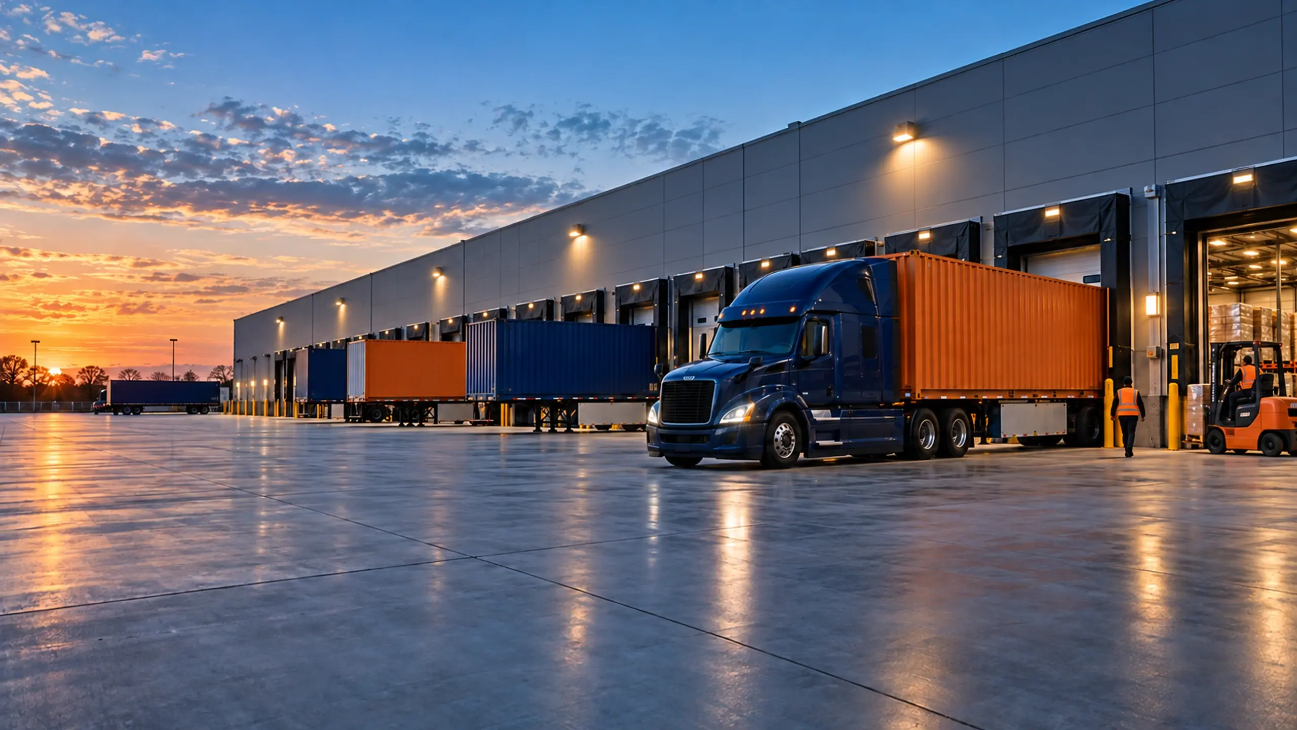 Trailers at the dock doors of a retail distribution centre at dusk