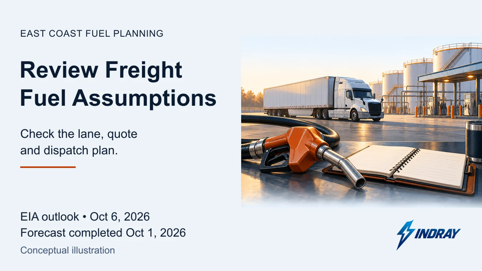 Conceptual illustration of a diesel nozzle and an open planning notebook, with a freight truck and fuel storage depot beyond.