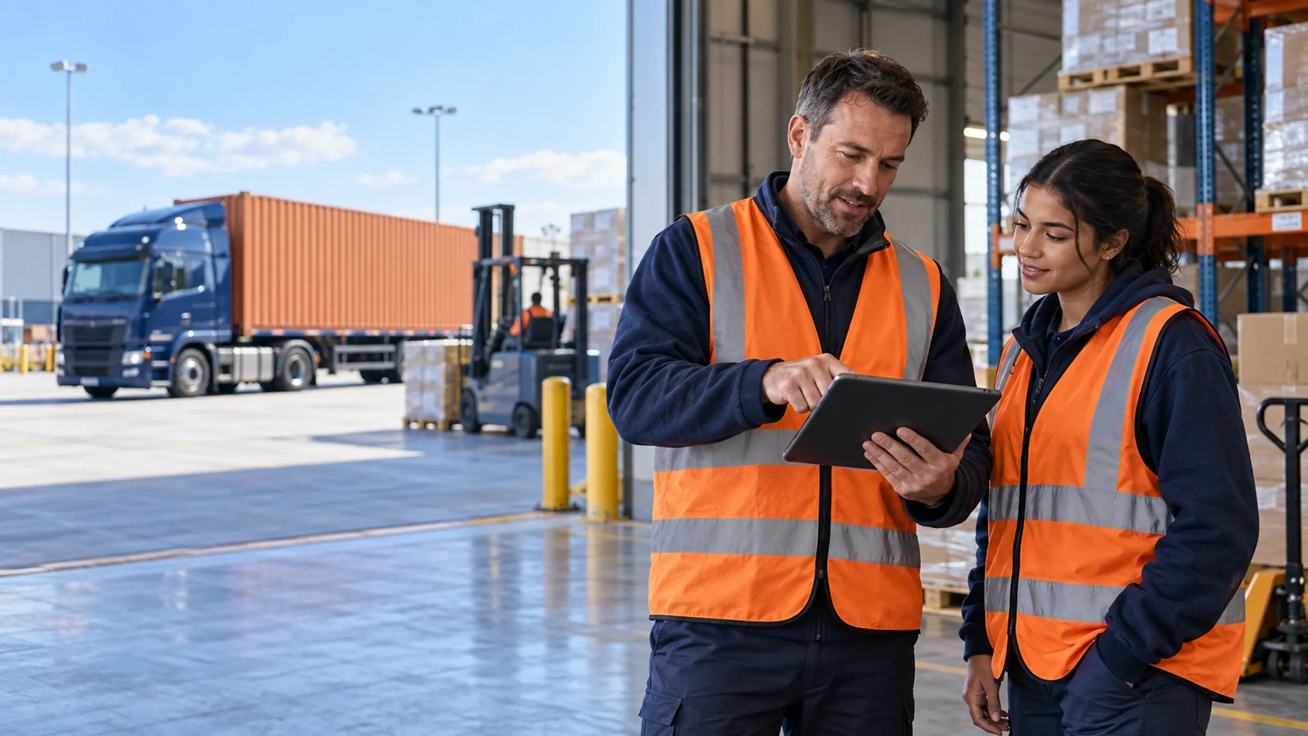 Supervisor training a new team member on a tablet