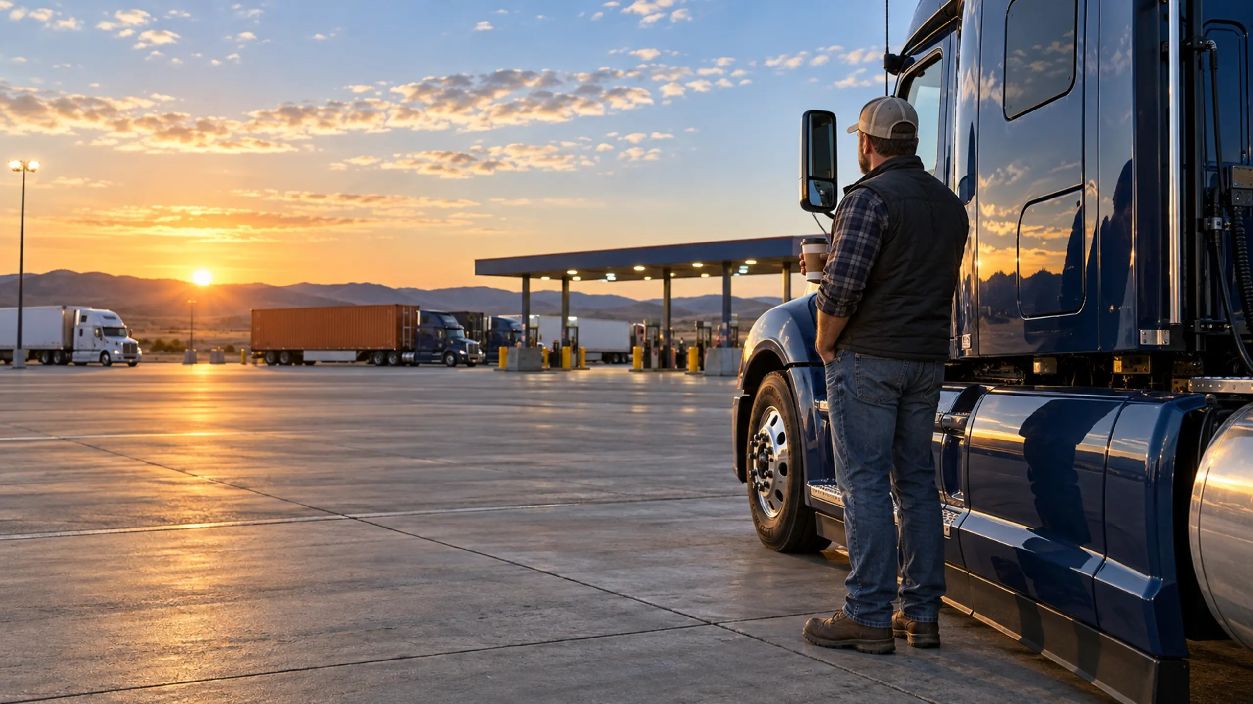Owner-operator beside his navy truck at a truck stop at sunrise