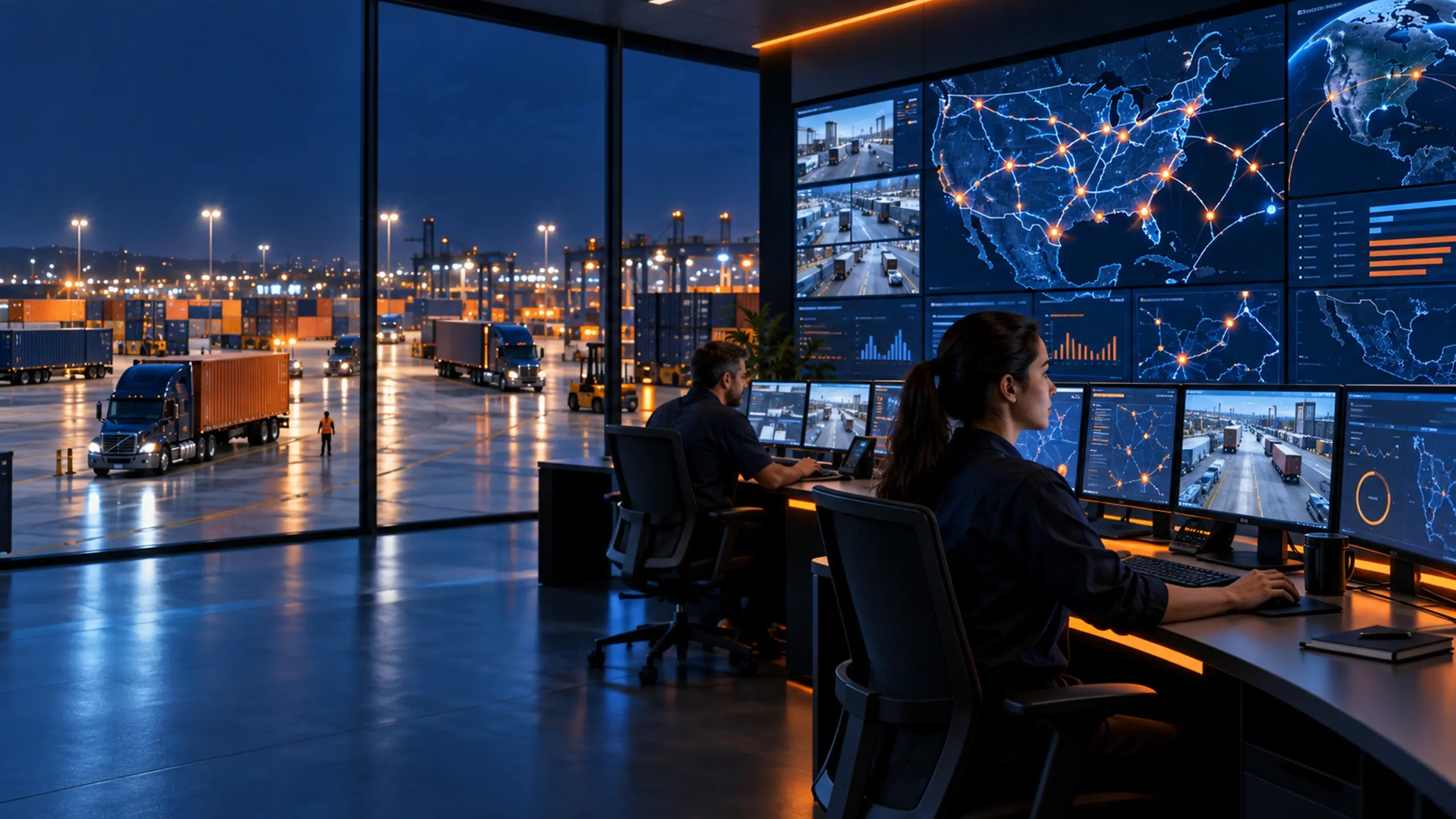 Logistics operations centre with a live map wall at night