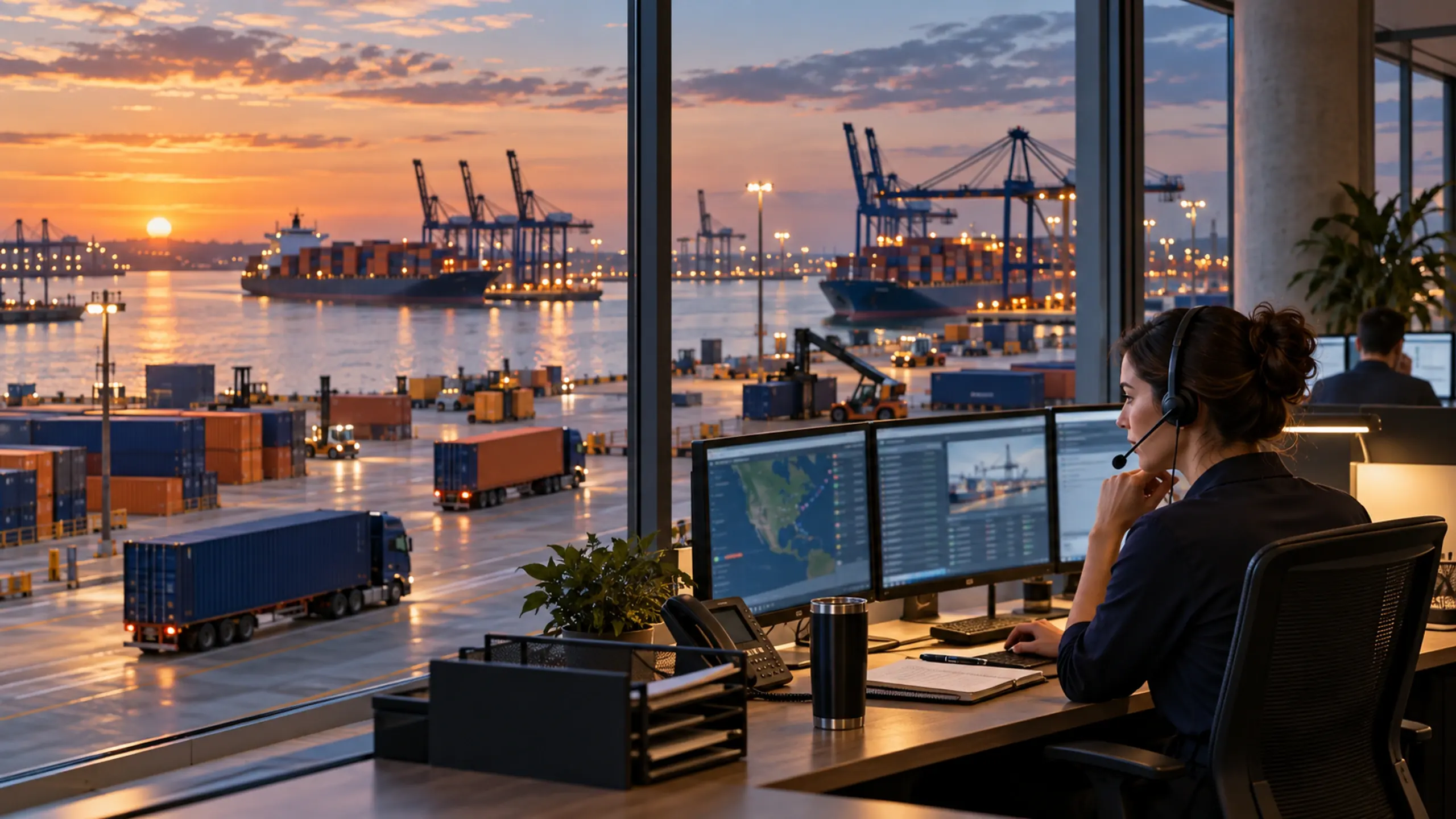 Dispatcher on a headset at a desk overlooking the port