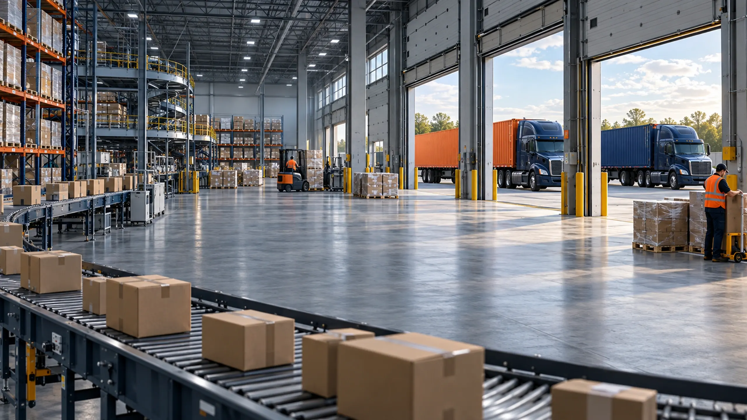 Fulfilment warehouse with conveyors carrying cartons