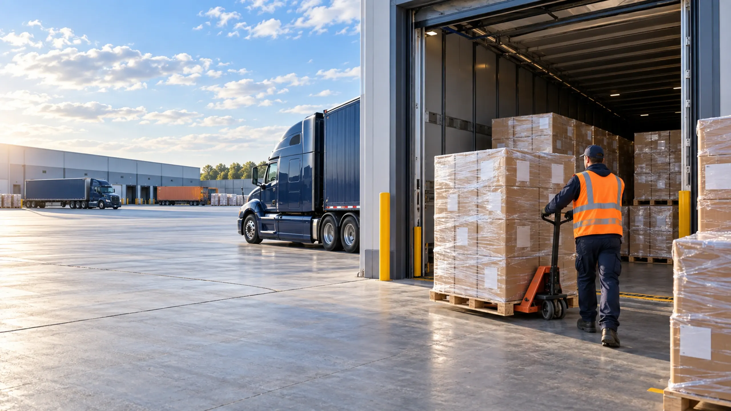 Labelled pallets of cartons at a dock door, ready for Amazon