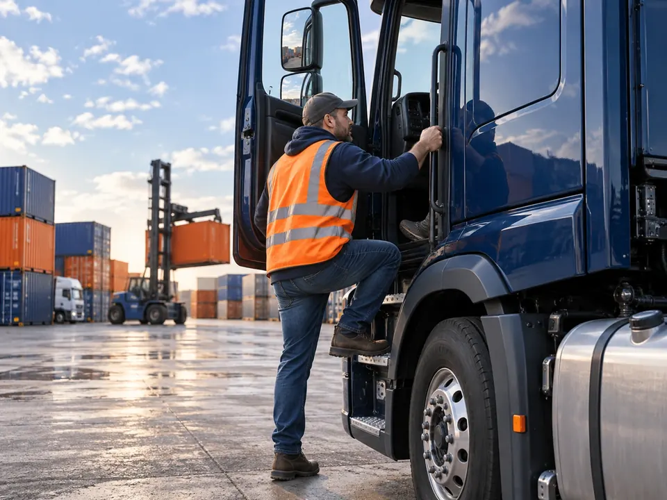Driver climbing into the cab