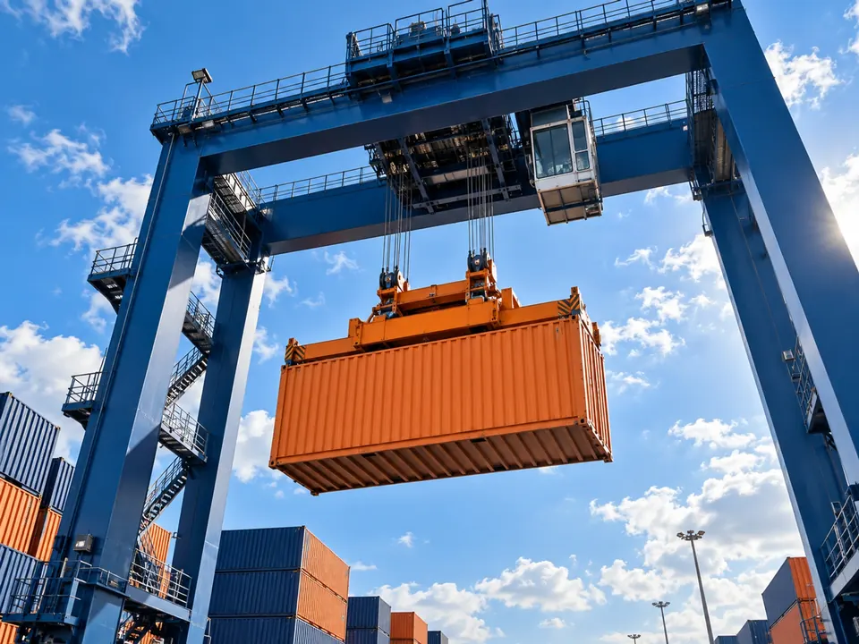 Gantry crane lifting a container