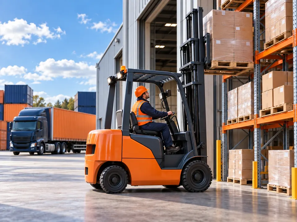 Forklift lifting a pallet into racking
