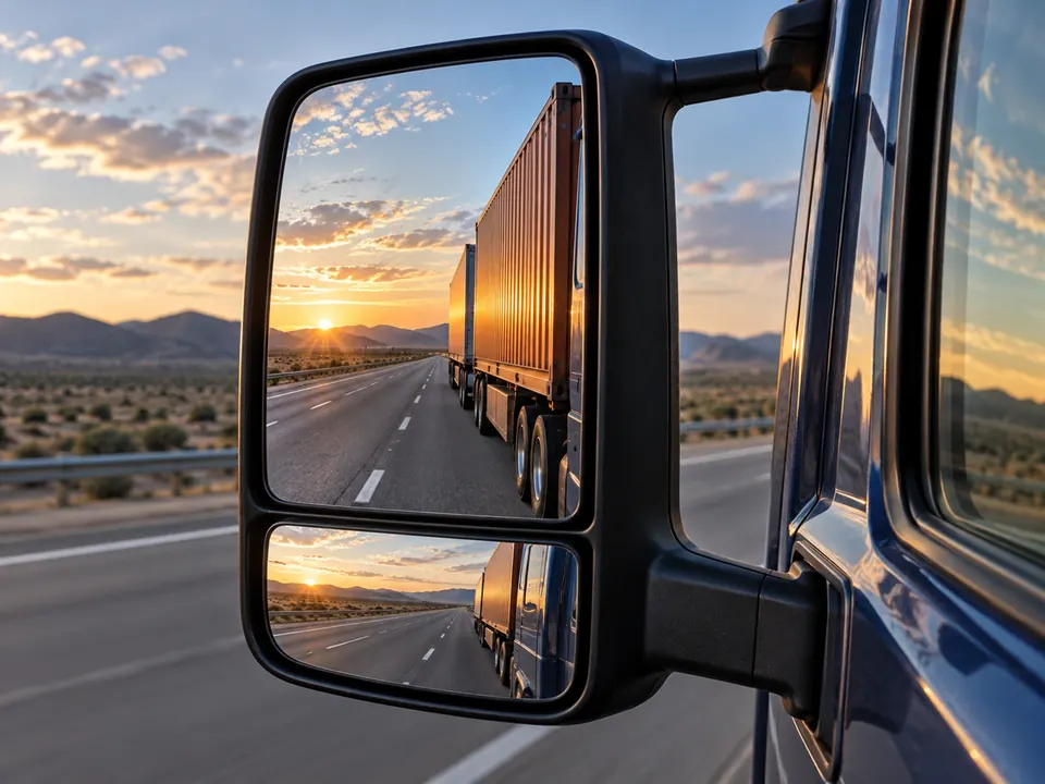 Open highway in a truck mirror