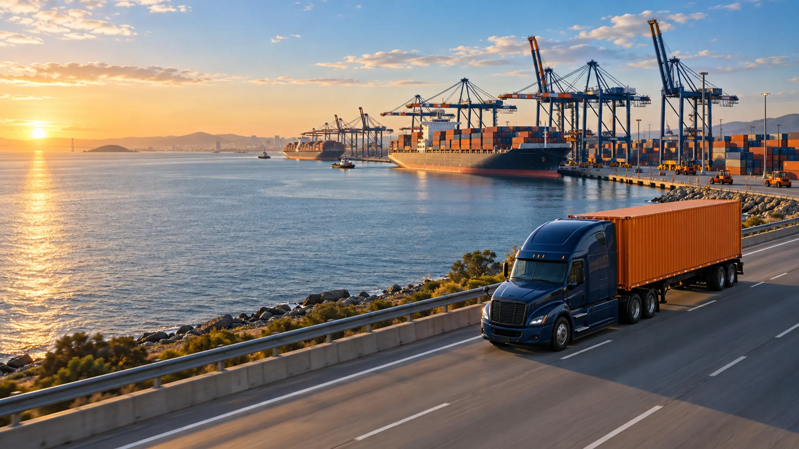 Navy truck with an orange container on a coastal road beside a port
