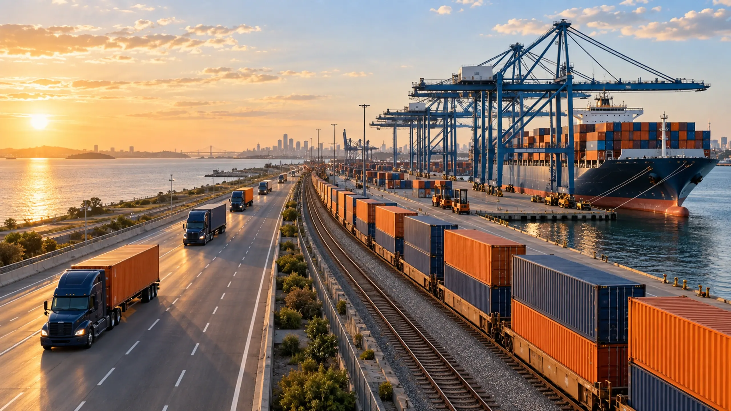 Port, rail yard and highway meeting at a freight hub at golden hour
