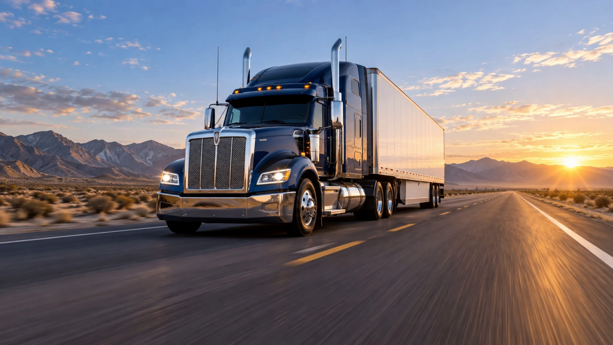 Navy semi-truck on a desert highway at sunrise